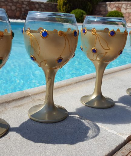 set of 4 hand painted wine glasses gold and stones design
