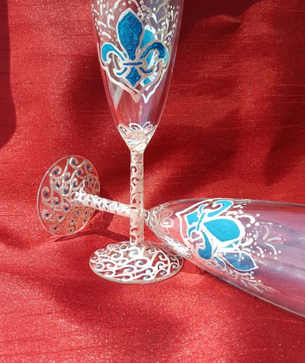 2 wedding festive Bohemia crystal glasses for bride and groom hand painted fleur du lys