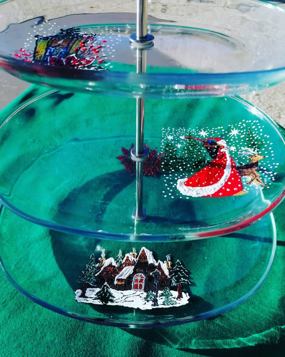 3 tier cake stand hanpainted winter theme